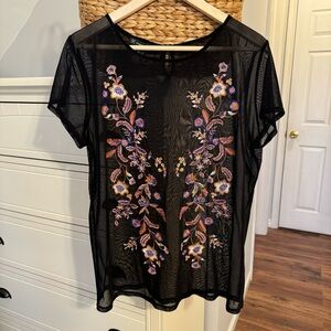 Floral Embroidered Sheer Top Short Sleeve Blouse Black Women’s XL